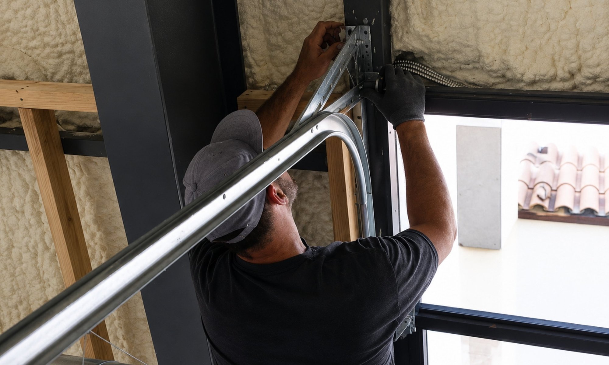 Technician installing the track system for a commercial overhead door inside a steel-framed building.