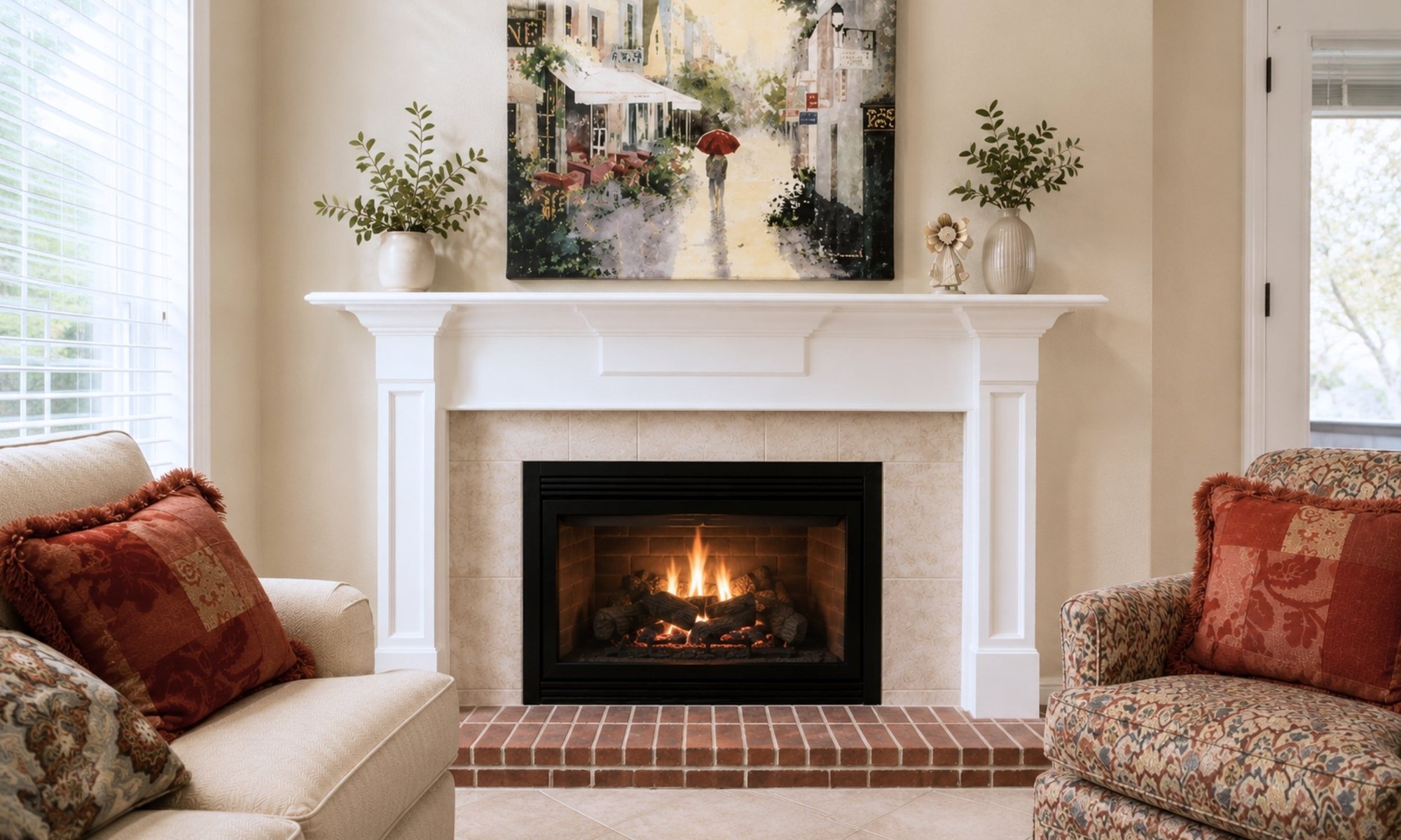 Traditional gas fireplace with a white mantel in a comfortable College Station, TX living room installed by Aggieland Overhead Door & Fireplace.