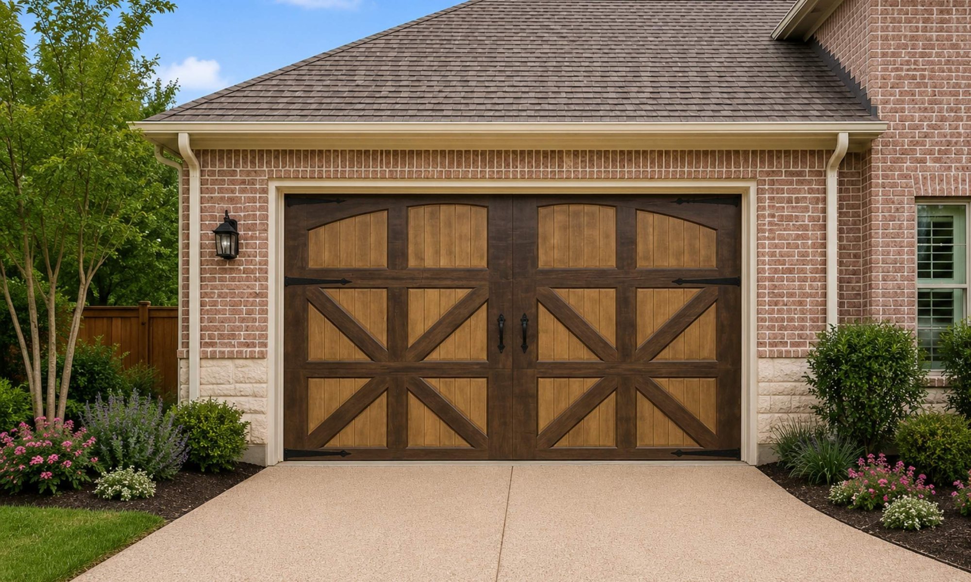 Two-tone carriage-style garage door with decorative hardware installed on a brick home.
