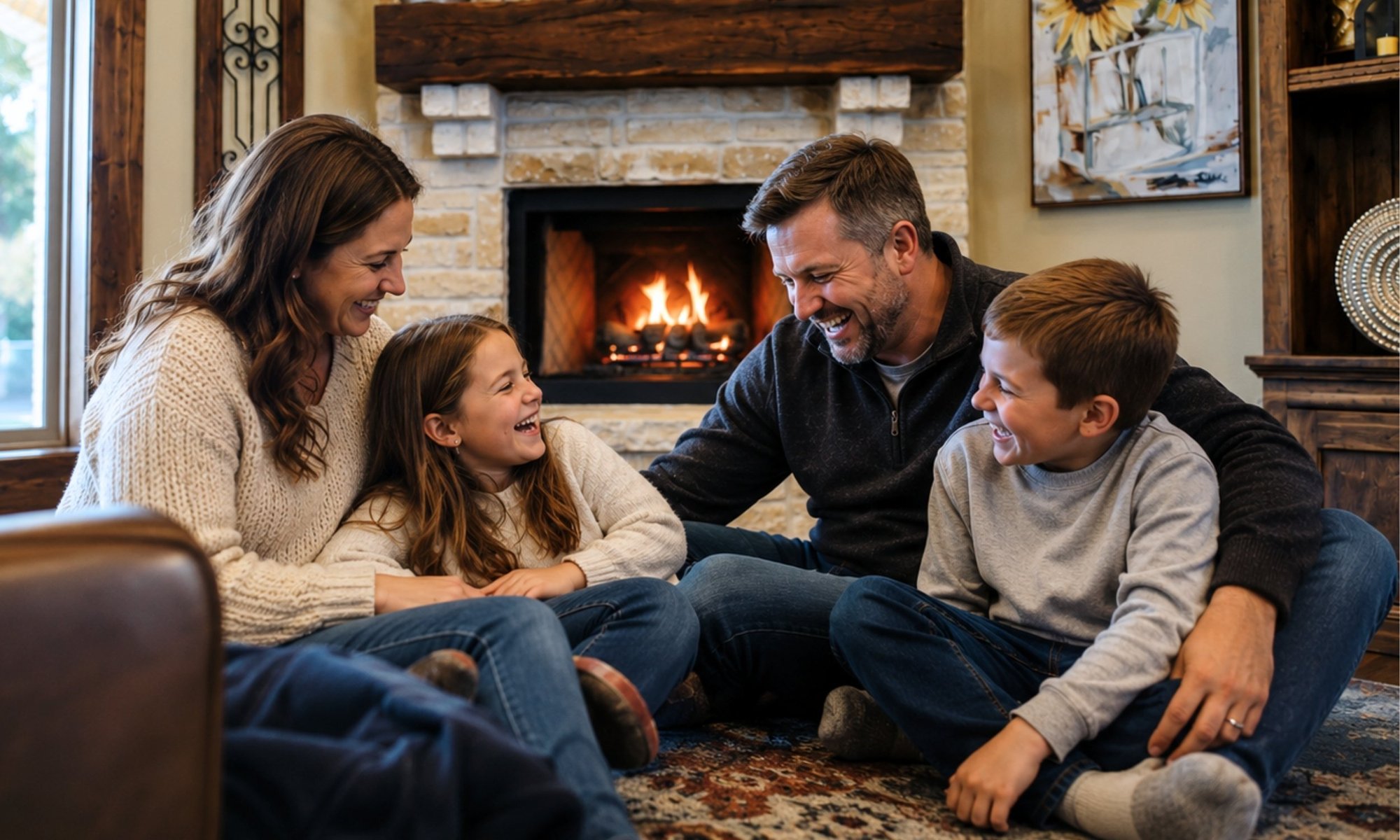 Family sitting together in front of a stone gas fireplace in a warm and inviting living room in College Station, TX.