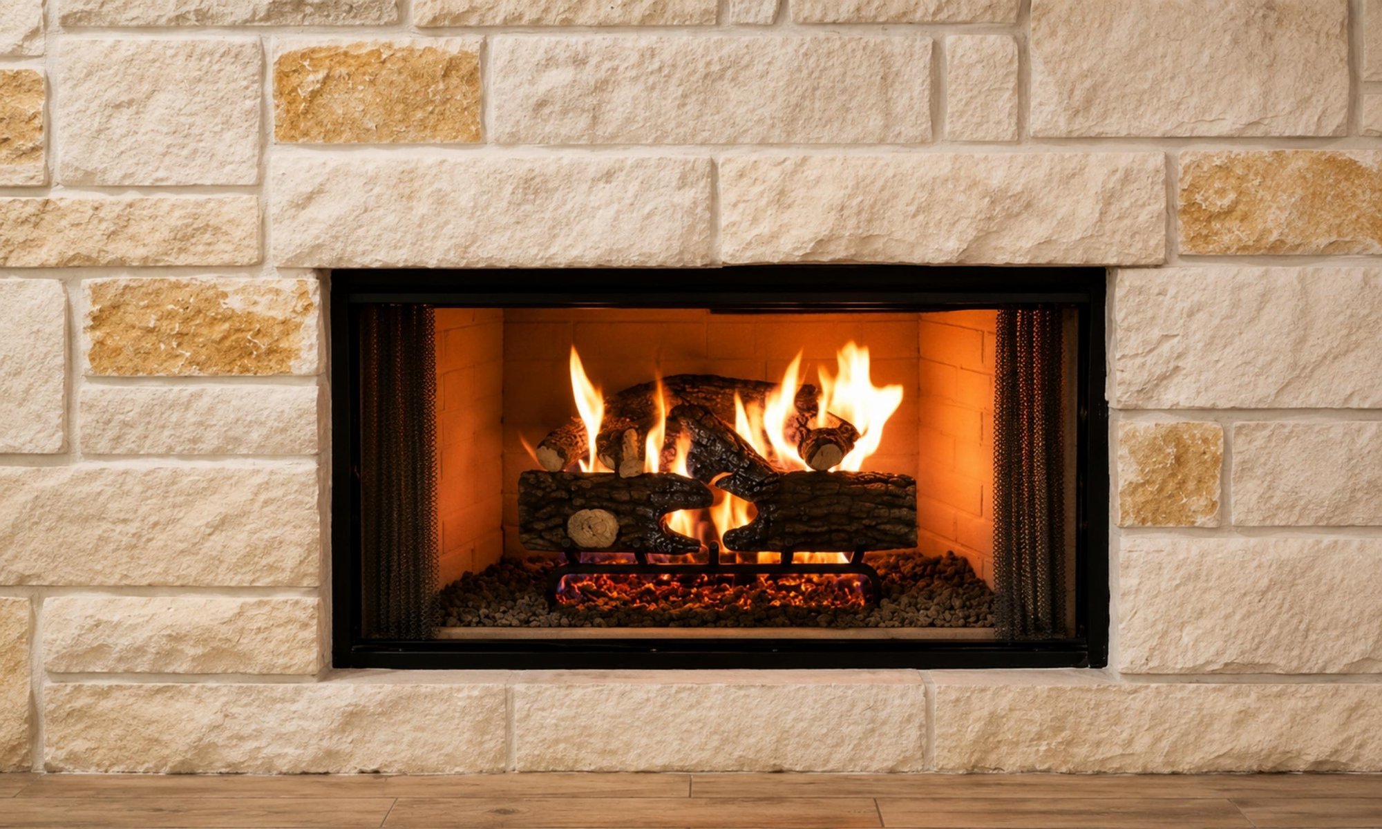 Close-up of a gas fireplace with ceramic logs set inside a light natural stone surround.
