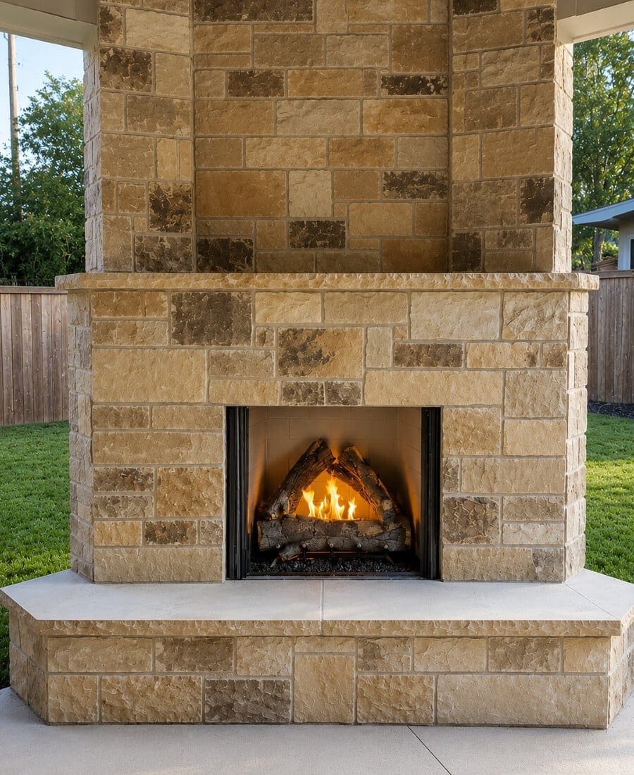 Outdoor gas fireplace with a natural stone surround and chimney on a covered backyard patio.