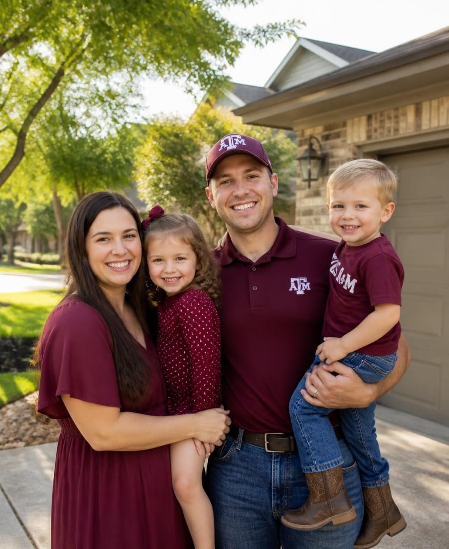 Family standing together outside their home in front of a residential garage, representing a local family-owned garage door and fireplace company.