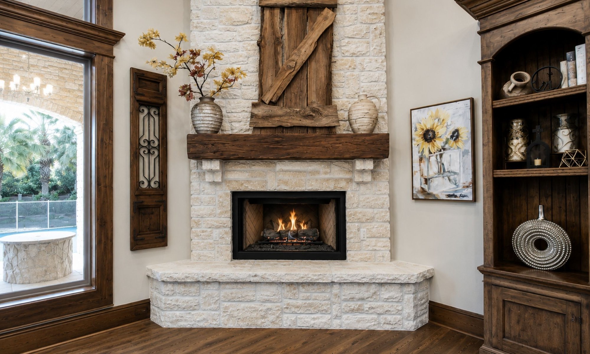 Rustic stone gas fireplace with a reclaimed wood mantel and built-in shelving in a residential living room.