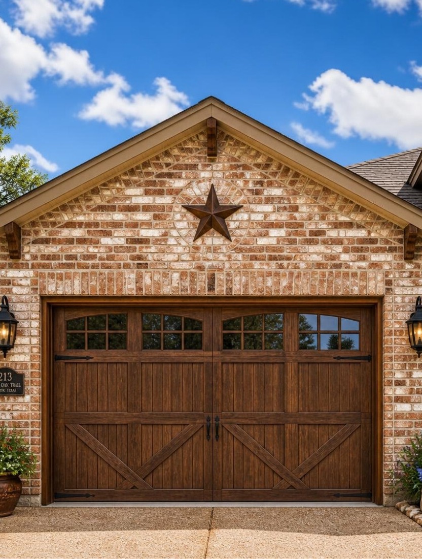 Wood Carriage Garage Door on Brick Texas Home