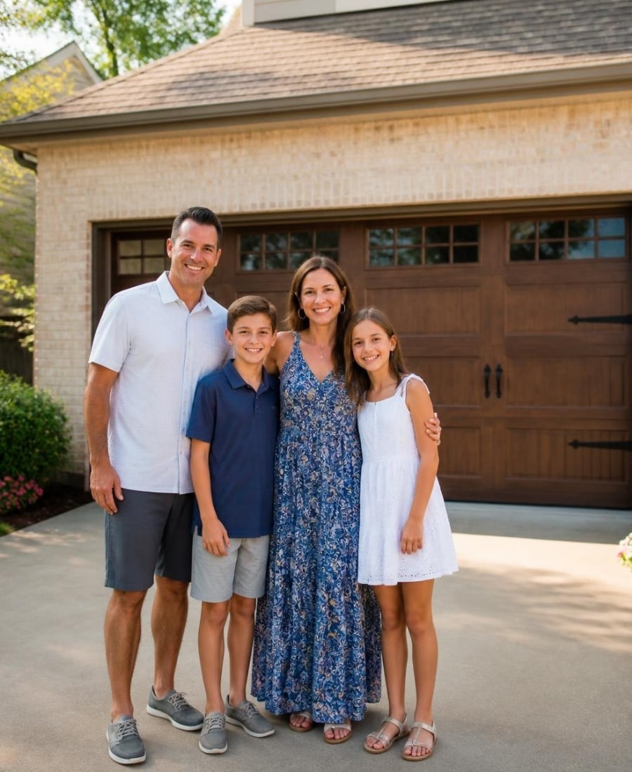 Family standing in front of a wood-look carriage-style garage door outside a residential home.