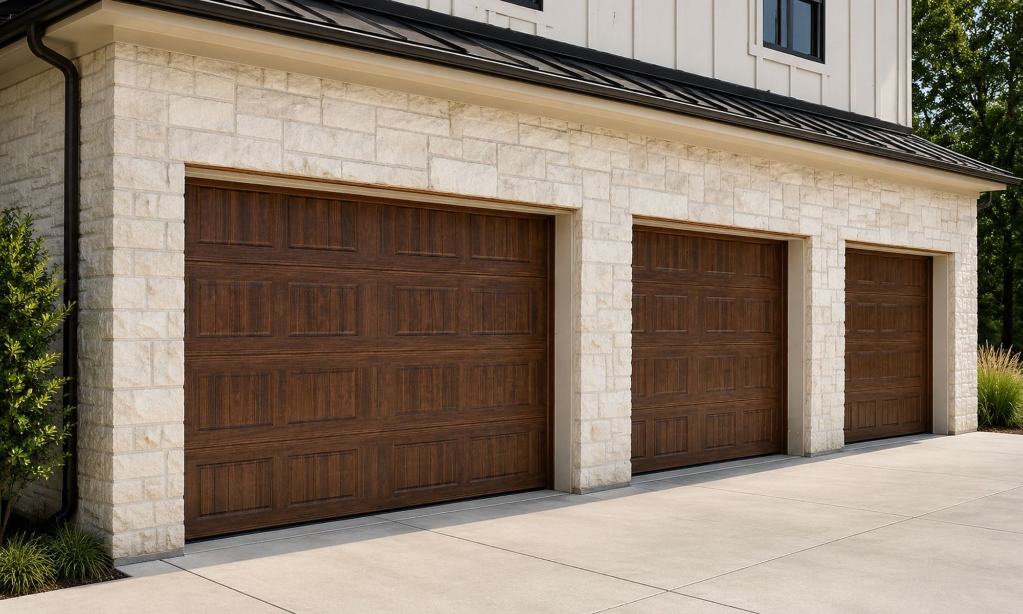 Three carriage-style wood-look garage doors installed on a modern stone home with a three-car garage.