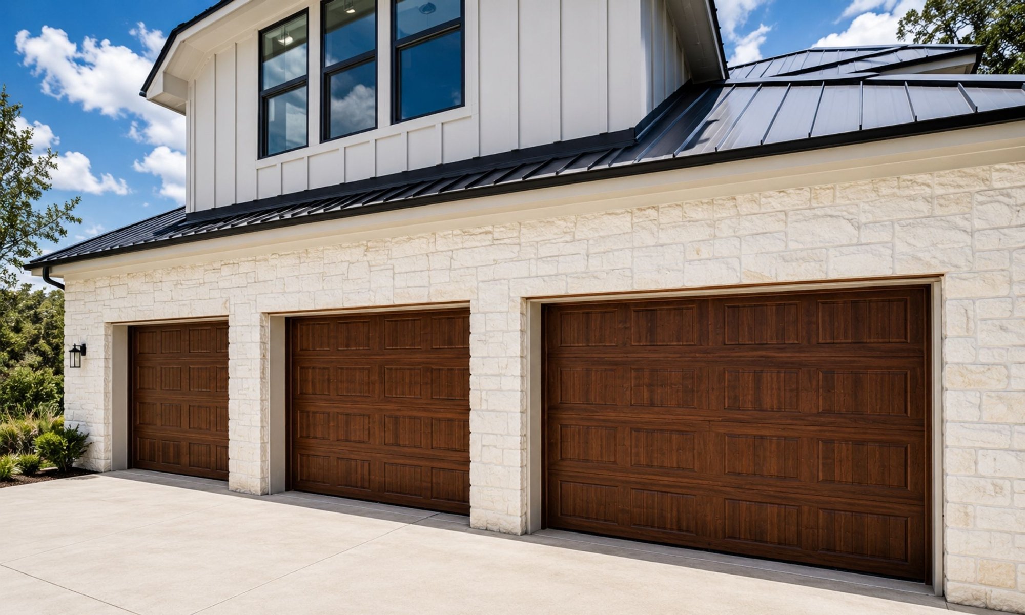 Three wood-look sectional garage doors installed on a modern white stone home with a three-car garage.